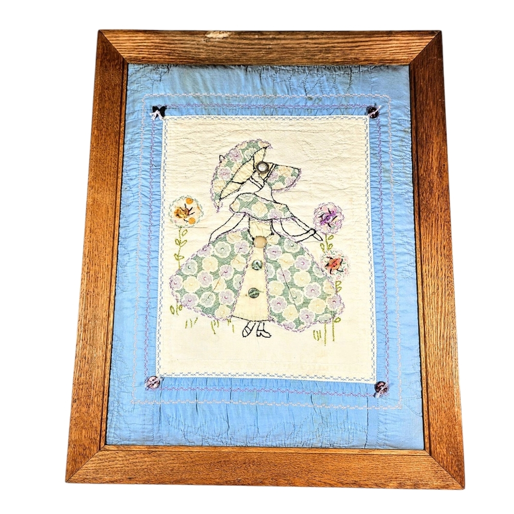 Vintage Quilt Embroidered Framed Wall Art Hanging 1930s? 16x20